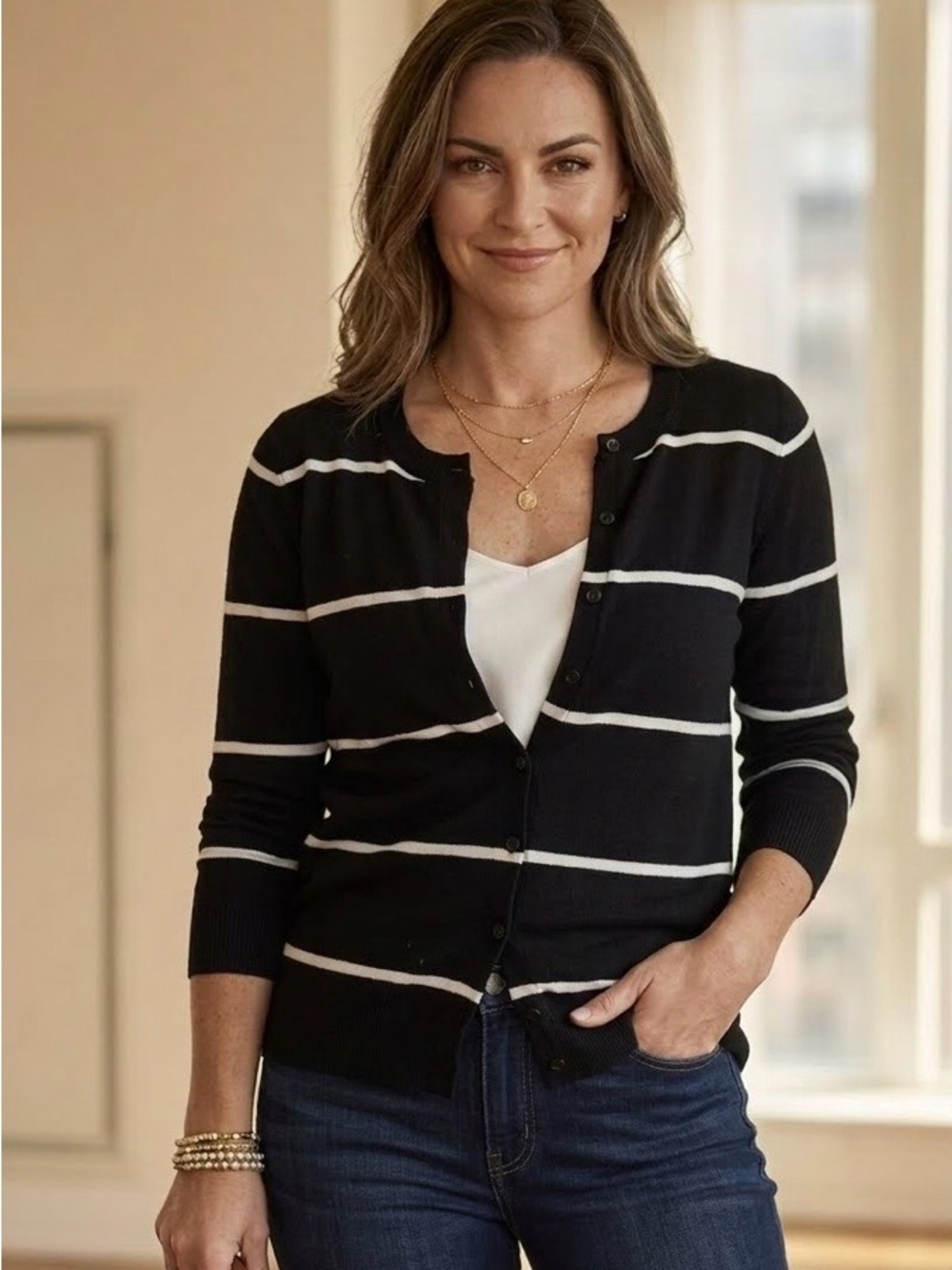 Cyrus Black & White Striped Button-Up Cardigan